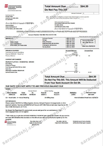 USA Louisiana AEP (Southwestern Electric Power Company) electricity utility bill template in Word and PDF format